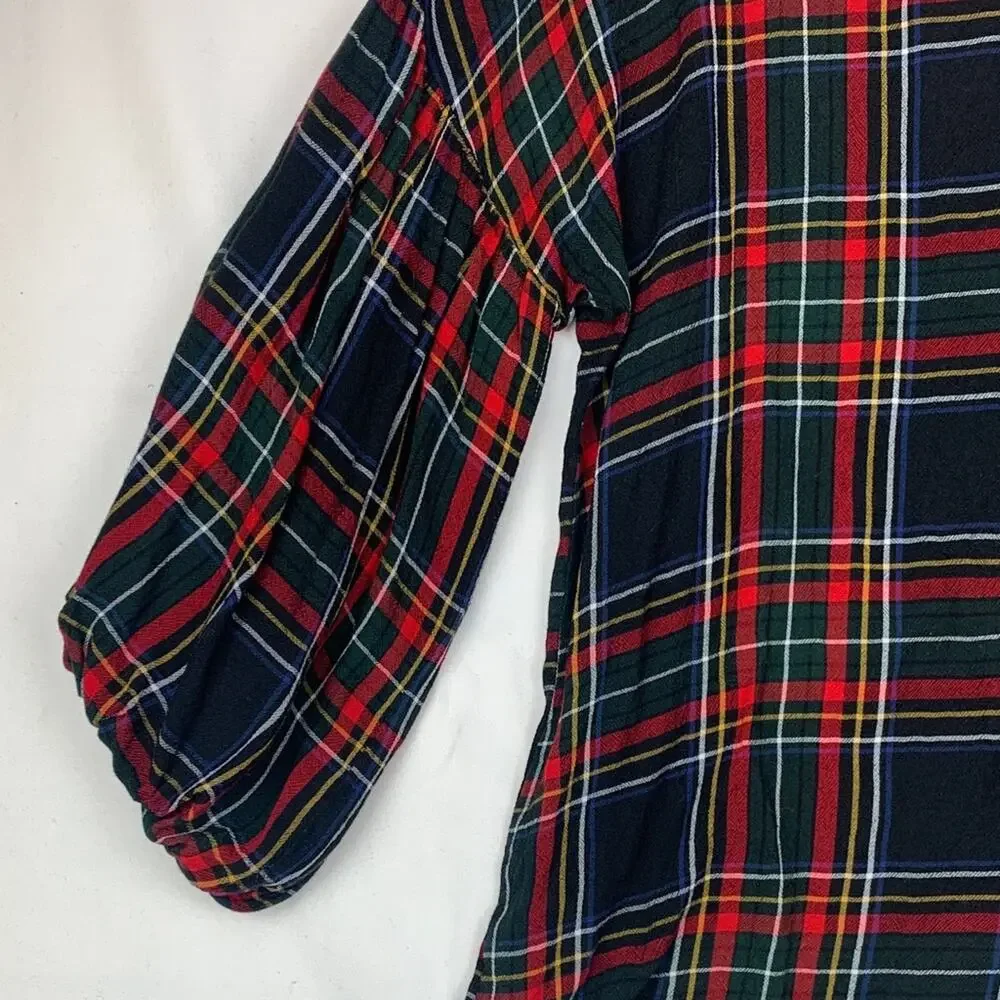 Loft size small red Plaid puff sleeve shirt button back holiday